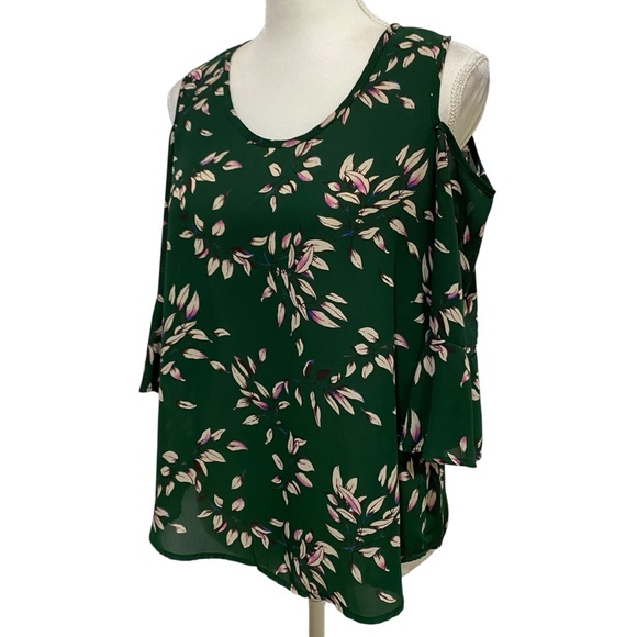 Sienna Sky Top Dark Green Leaf Print Blouse 3/4 Sleeve Cold-Shoulder Size Small - Picture 5 of 16